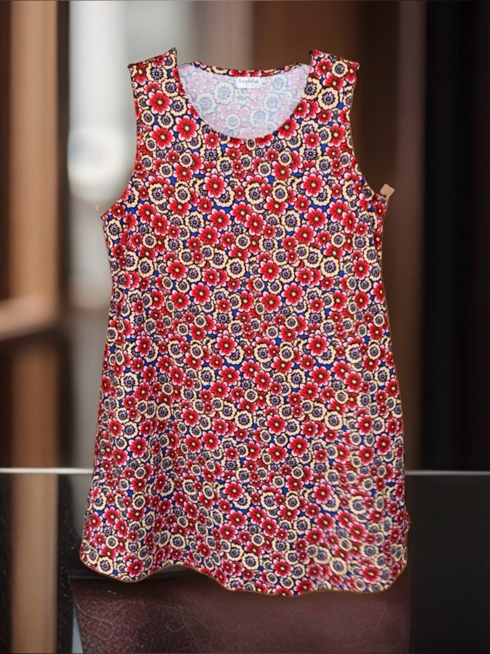 Simple Fun Sleeveless Floral Midi Dress in Red Multi-Casual Knit A-Line-L-EC